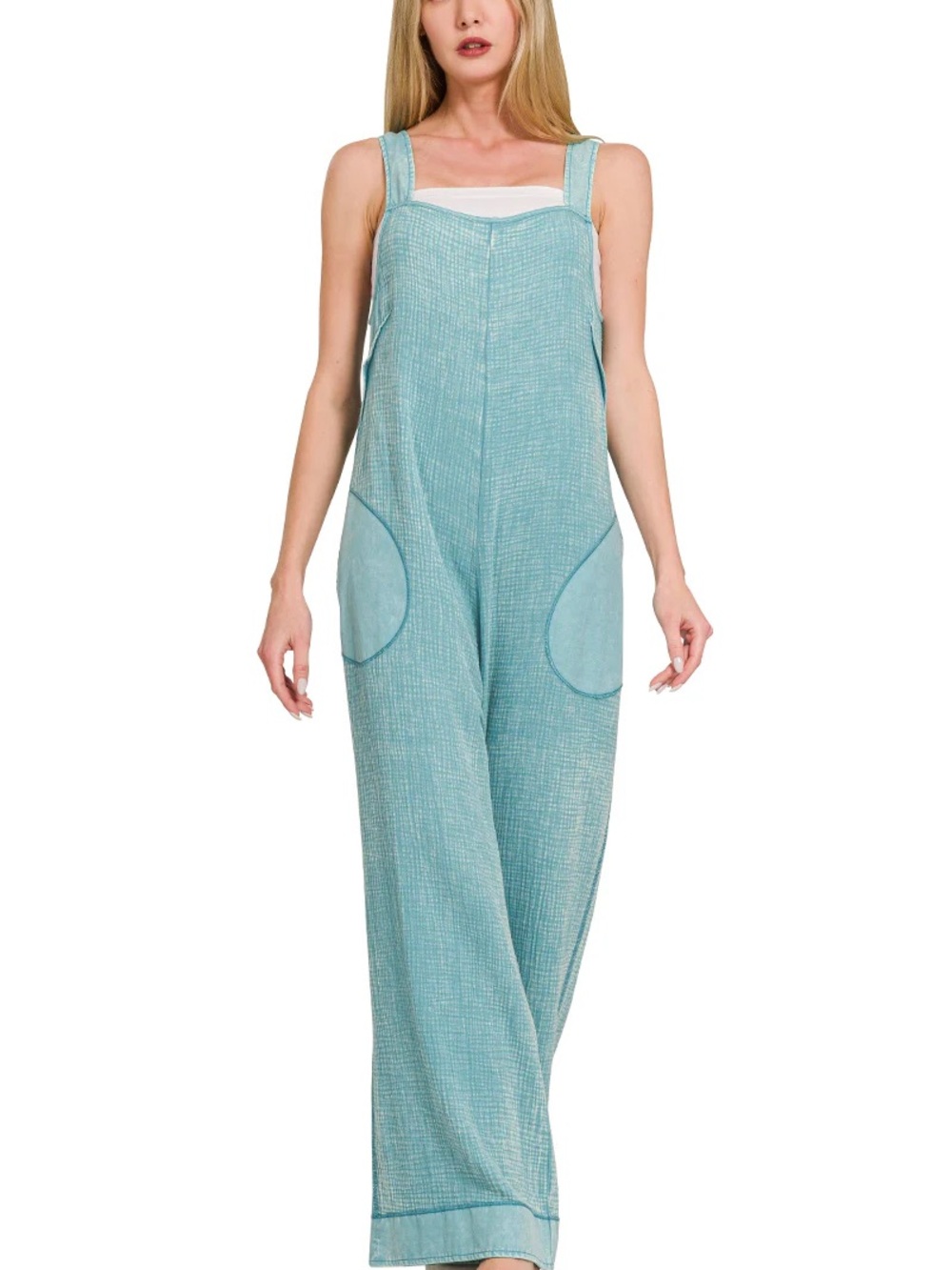 Zenana Outfitters Double Gauze Washed Wide Leg Overalls Dusty Teal Small